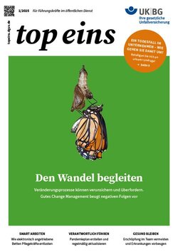 Auf der Titelseite der Broschüre ist die Verwandlung einer Raupe in einen Schmetterling zu sehen
