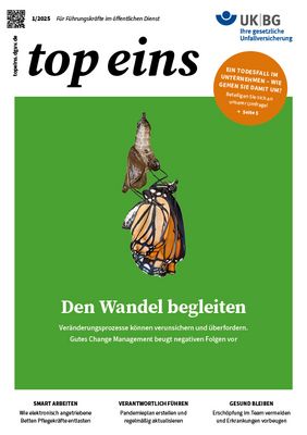 Auf der Titelseite der Broschüre ist die Verwandlung einer Raupe in einen Schmetterling zu sehen