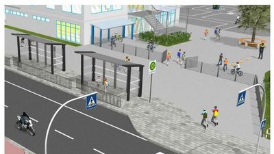 Grafik von einem Straßenübergang zur Schule mit einem Zebrasteifen