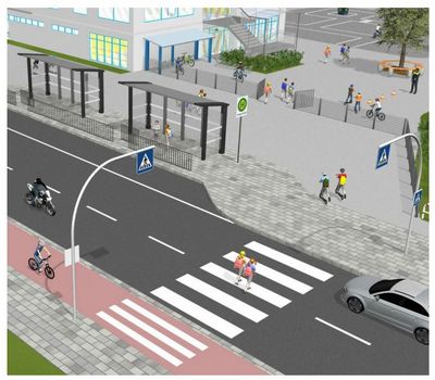 Grafik von einem Straßenübergang zur Schule mit einem Zebrasteifen