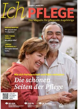 Titelseite des Magazins: Ein älterer Mann mit Vollbart hält eine ältere Frau in den Armen. Beide lächeln dabei.
