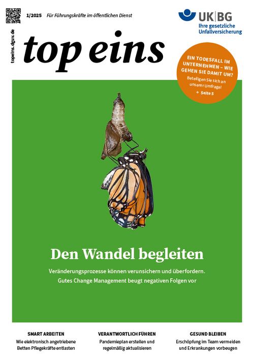 Auf der Titelseite der Broschüre ist die Verwandlung einer Raupe in einen Schmetterling zu sehen